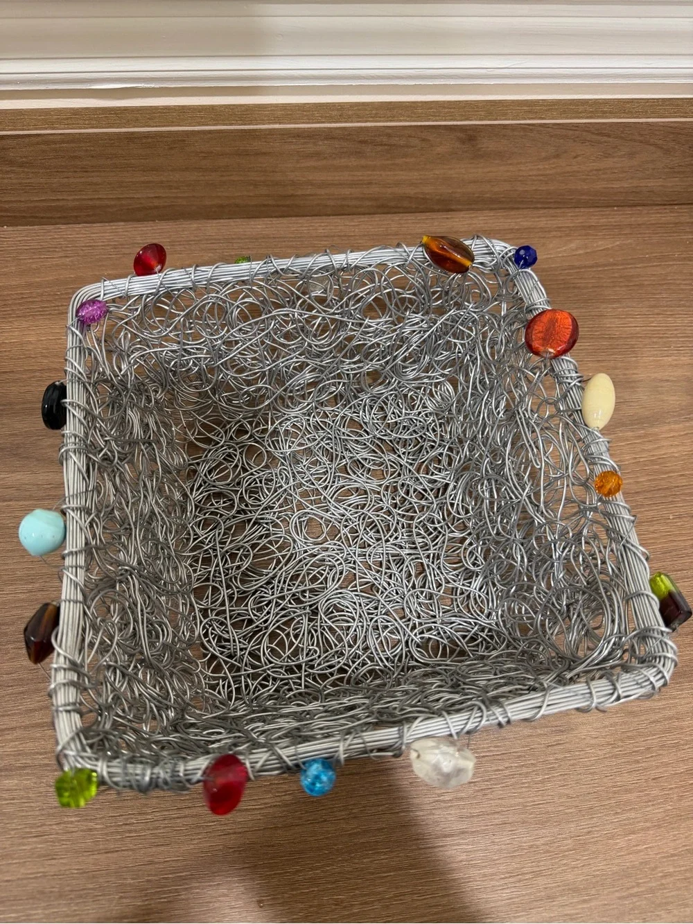 Decorative Silver Wire Basket with Multicolor Bead Accents